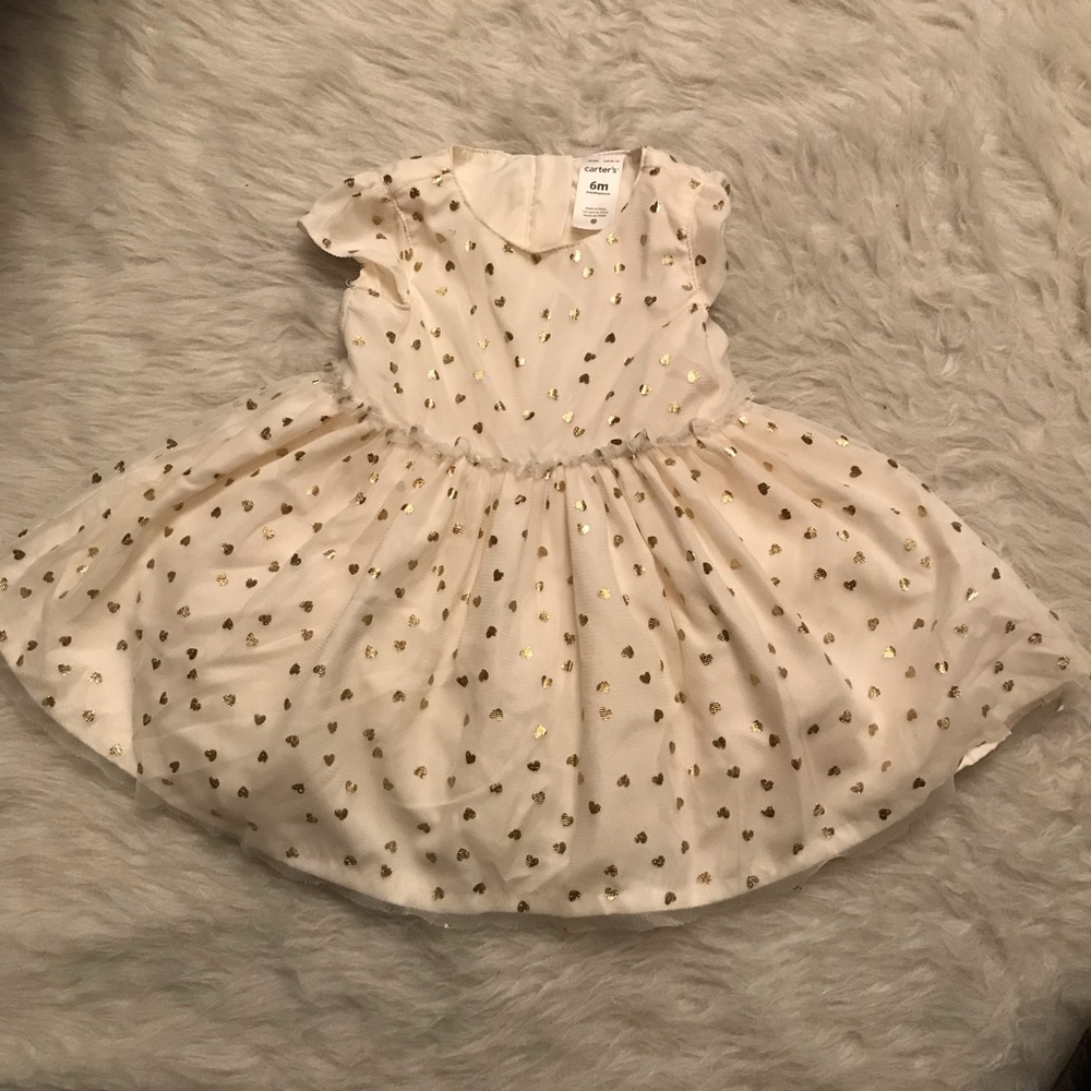 Carters White Gold Heart Dress Size 6 Months